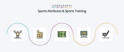sport- attributen en sport- opleiding lijn gevulde vlak 5 icoon pak inclusief doel. scoren. veld. spel. voetbal vector