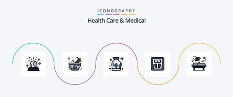 Gezondheid zorg en medisch lijn gevulde vlak 5 icoon pak inclusief kamer. ziekenhuis. medicijn. machine. schaal vector