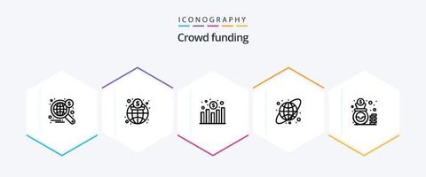 crowdfunding 25 lijn icoon pak inclusief geld. tas. grafiek. aarde wereldbol. circulaire vector