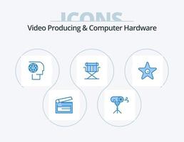 video produceren en computer hardware blauw icoon pak 5 icoon ontwerp. opvouwbaar. regisseur. speciaal. stoel. film vector