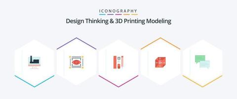 ontwerp denken en d het drukken modellering 25 vlak icoon pak inclusief opmerking. scheren. pen. computergebruik. doos vector