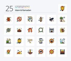 Islam en Ramadan 25 lijn gevulde icoon pak inclusief canon. lantaarn. water. Islam. religie vector