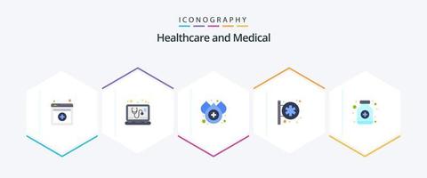 medisch 25 vlak icoon pak inclusief geneesmiddel. siroop. druppel. pillen. medisch centrum vector