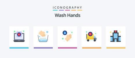 wassen handen vlak 5 icoon pak inclusief gebouw. overdragen. water schaal. pandemie. ambulance. creatief pictogrammen ontwerp vector
