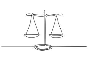 een lijntekening van rechtsbalans of schaalpictogram, symbool van rechtbank en firma. vector illustratie continu hand getekend minimalisme ontwerp.