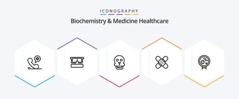 biochemie en geneeskunde gezondheidszorg 25 lijn icoon pak inclusief plakband. uitrusting. schedel. gezondheidszorg. steun vector