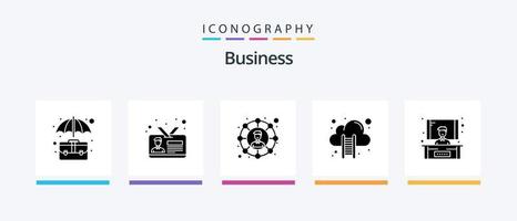 bedrijf glyph 5 icoon pak inclusief trap. wolk hosten. ID kaart kaart. wolk computergebruik. sociaal netwerk. creatief pictogrammen ontwerp vector