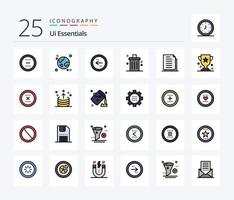 ui essentials 25 lijn gevulde icoon pak inclusief verwijderen. bak. wereldbol. links. cirkel vector