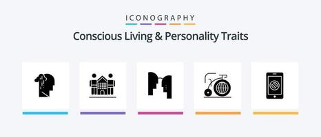 bewust leven en persoonlijkheid eigenschappen glyph 5 icoon pak inclusief inspiratie. fiets. huis. groot. verstand. creatief pictogrammen ontwerp vector