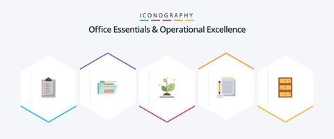 kantoor essentials en operationeel uitmuntendheid 25 vlak icoon pak inclusief veilig. kussen. notebook. succes vector