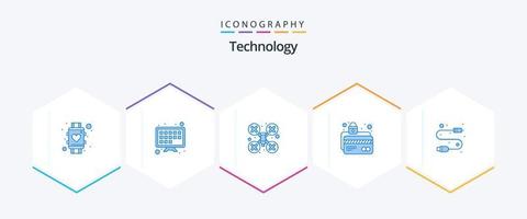 technologie 25 blauw icoon pak inclusief kabel. op slot doen. camera. kaart veiligheid. Geldautomaat kaart vector