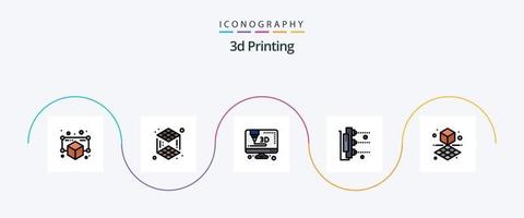 3d het drukken lijn gevulde vlak 5 icoon pak inclusief machine. . afdrukken. 3d vector