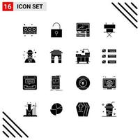 universeel icoon symbolen groep van 16 modern solide glyphs van manager ontwerper uitrusting vouwen stoel bioscoop bewerkbare vector ontwerp elementen