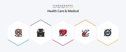 Gezondheid zorg en medisch 25 gevulde lijn icoon pak inclusief kliniek. Gezondheid. zorg. cosmetica. hart vector