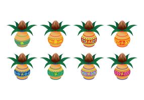 Vectorillustratie van Kalash met Coconut en Mango Leaf instellen vector