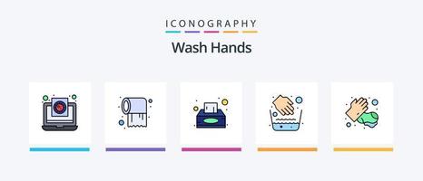 wassen handen lijn gevulde 5 icoon pak inclusief lotion. zakdoek. virus. servet. wassen. creatief pictogrammen ontwerp vector