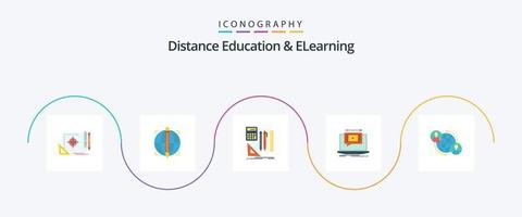 afstand onderwijs en elearning vlak 5 icoon pak inclusief video. scherm. succes. p. pen vector