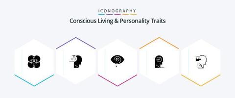bewust leven en persoonlijkheid eigenschappen 25 glyph icoon pak inclusief hoed. profiel. menselijk. menselijk. kennis vector