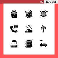 modern reeks van 9 solide glyphs pictogram van macht communicatie aardrijkskunde bericht telefoontje bewerkbare vector ontwerp elementen