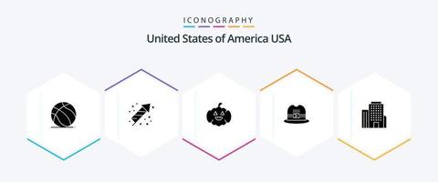 Verenigde Staten van Amerika 25 glyph icoon pak inclusief . kantoor. pompoen. gebouw. pet vector