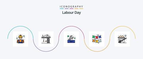 arbeid dag lijn gevulde vlak 5 icoon pak inclusief tuinieren. slingers. bouw. vlag. viering vector