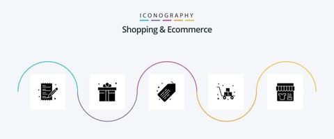 boodschappen doen en ecommerce glyph 5 icoon pak inclusief winkel. Verzenden. label. Broos. kar vector