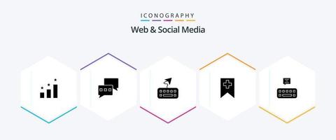 web en sociaal media 25 glyph icoon pak inclusief toetsenbord . media. plus . vector