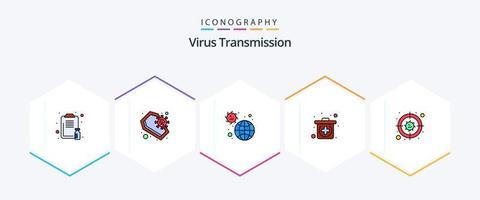 virus transmissie 25 gevulde lijn icoon pak inclusief bacteriën. ziekte. medisch. noodgeval vector