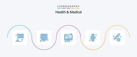 Gezondheid en medisch blauw 5 icoon pak inclusief pipet. druppelaar. medisch monitor. slim horloge. medisch vector