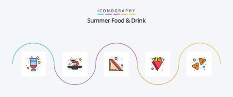 zomer voedsel en drinken lijn gevulde vlak 5 icoon pak inclusief tussendoortje. voedsel. snel voedsel. chips. Frans Patat vector