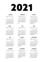 kalender 2021 geïsoleerd op een witte achtergrond. week begint op zondag. vector illustratie.