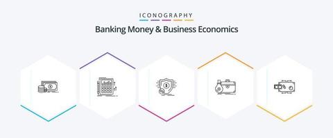 bank geld en bedrijf economie 25 lijn icoon pak inclusief open. bedrijf. rekenmachine. aktentas. beveiligen vector