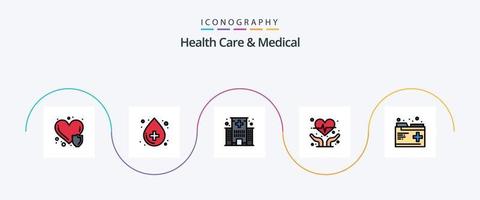 Gezondheid zorg en medisch lijn gevulde vlak 5 icoon pak inclusief Gezondheid. hart Gezondheid. gebouw. hart zorg. medisch vector