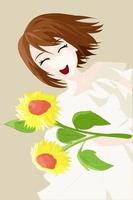 lachend meisje, bruin kort haar, geelwitte jurk en twee zonnebloemen vector