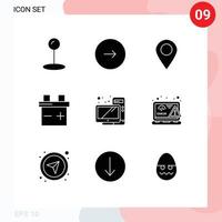9 solide glyph concept voor websites mobiel en apps codering hardware kaart bureaublad auto bewerkbare vector ontwerp elementen