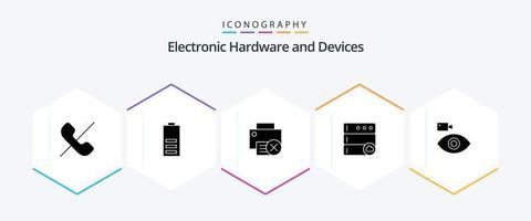 apparaten 25 glyph icoon pak inclusief camera. databank. voor de helft. wolk. hardware vector