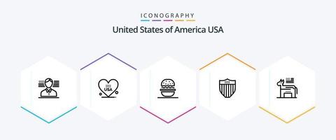 Verenigde Staten van Amerika 25 lijn icoon pak inclusief politiek. ezel. eten. Verenigde Staten van Amerika. schild vector