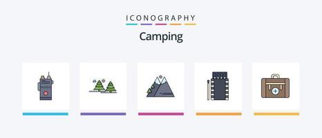 camping lijn gevulde 5 icoon pak inclusief communicatie. walkie. zonsopkomst. het weer. regen. creatief pictogrammen ontwerp vector