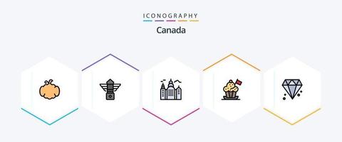 Canada 25 gevulde lijn icoon pak inclusief Canada. vlag. gebouw. kookplaat hoed. chef hoed vector