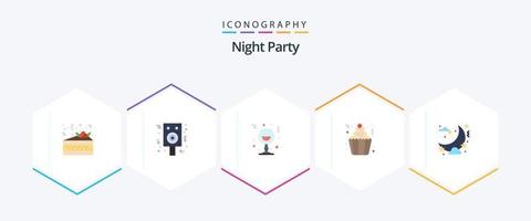 nacht partij 25 vlak icoon pak inclusief viering. cupcakes. glas. koekje. taart vector