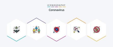 coronavirus 25 gevulde lijn icoon pak inclusief bacteriën. Onderzoek. gebruiker. laboratorium. schild vector