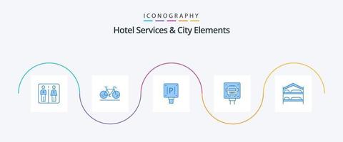 hotel Diensten en stad elementen blauw 5 icoon pak inclusief slaapkamer. openbaar. parkeren. teken. bus vector