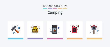 camping lijn gevulde 5 icoon pak inclusief lamp. koken. veiligheid. camping. vreugdevuur. creatief pictogrammen ontwerp vector