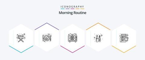 ochtend- routine- 25 lijn icoon pak inclusief krant. beker. TV. ontbijt. voering vector