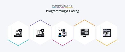 programmering en codering 25 gevulde lijn icoon pak inclusief computer. app. ontwikkelen. programmeur. ontwikkelen vector