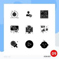 pictogram reeks van 9 gemakkelijk solide glyphs van coaching onderhoud doel reparaties ontwikkeling bewerkbare vector ontwerp elementen