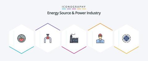 energie bron en macht industrie 25 gevulde lijn icoon pak inclusief wereld. werk. gebouw. arbeider. bouw vector