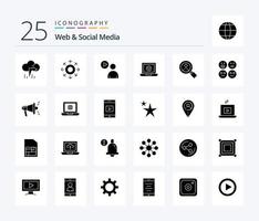 web en sociaal media 25 solide glyph icoon pak inclusief laptop . pijl . horloge. Speel vector