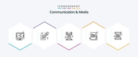 communicatie en media 25 lijn icoon pak inclusief nodig uit. kaart. signaal. papier. aantekeningen vector