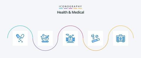 Gezondheid en medisch blauw 5 icoon pak inclusief . gezondheidstas. gebouw. tas. roken vector